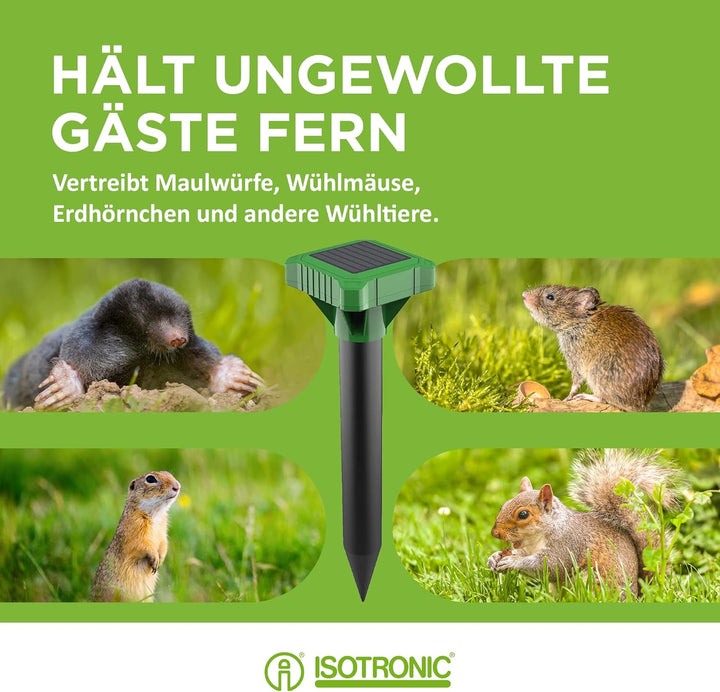 ISOTRONIC Solar Maulwurfabwehr zum Vertreiben von Maulwürfen, Wühlmäusen & Schlangen – Maulwurfschre
