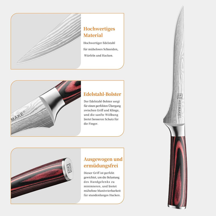 KEEMAKE Küchenmesser Filetiermesser Extrem Scharf, 15cm Profi Fischmesser Ausbeinmesser aus Edelstah
