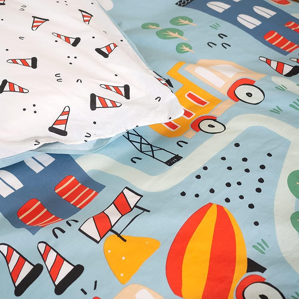 CÔTE DECO Bettwäsche-Set für Kinder, wendbar, LKW und Traktor, Blau, Bettbezug 140 x 200 cm + 1 Kiss
