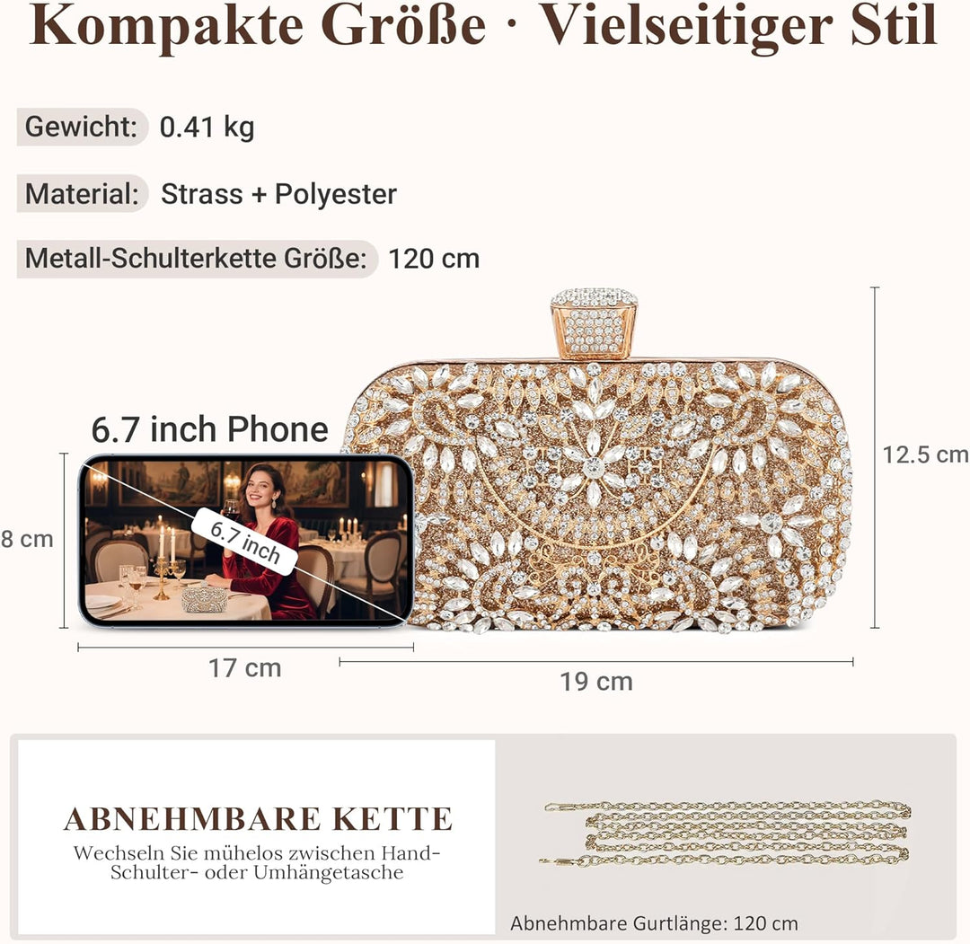 DIRRONA Strass Damen Handtasche Elegante Hochzeits Braut Clutch Bag Exquisite Kettentasche Glitzer P