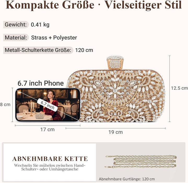 DIRRONA Strass Damen Handtasche Elegante Hochzeits Braut Clutch Bag Exquisite Kettentasche Glitzer P