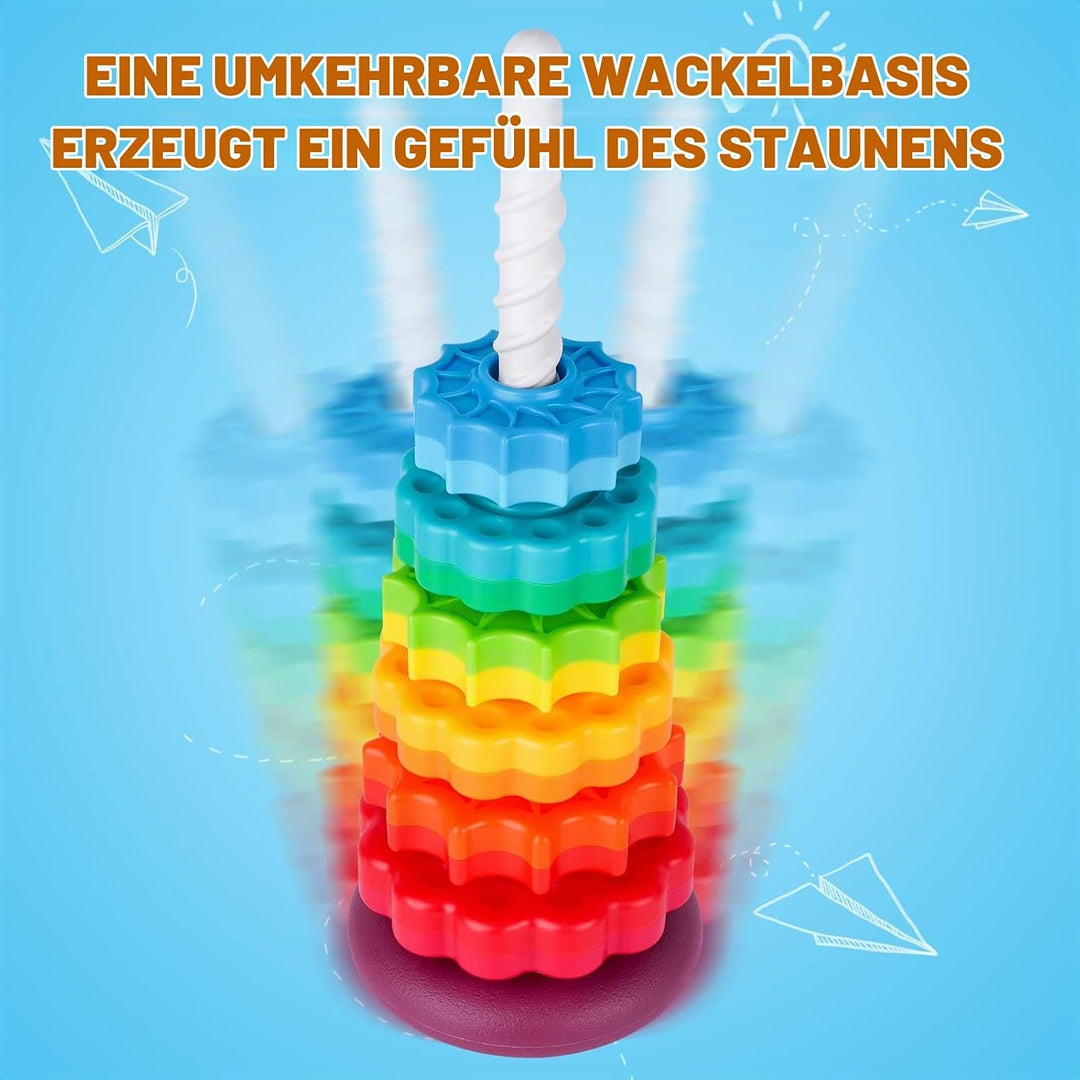 41cm Stapelturm mit Drehfunktion, Regenbogen-Stapelringe Spielzeug für Kinder, Zweifarbige drehende