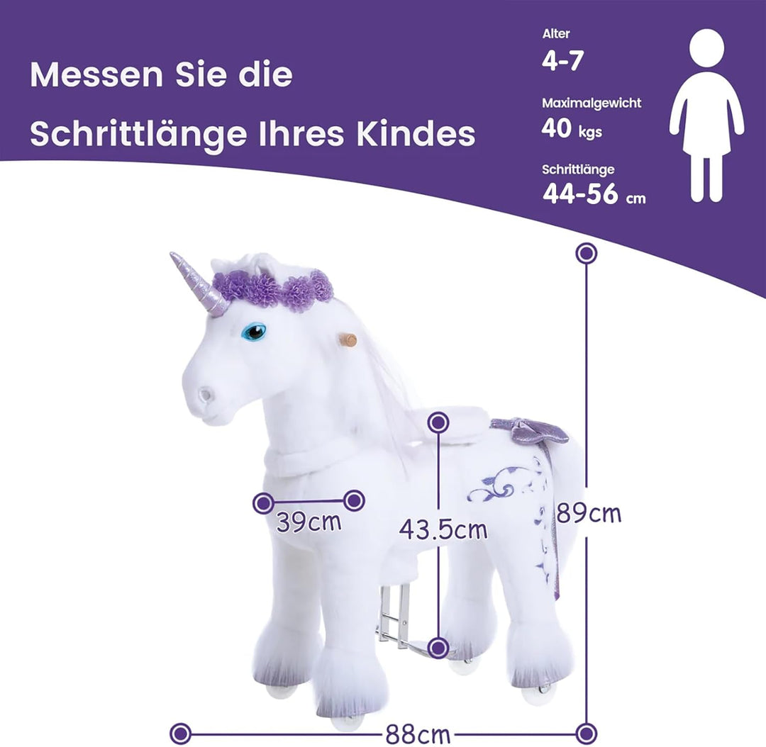 PonyCycle Einhorn Reitspielzeug, für Kinder 4–7 Jahre, 89cm Hoch, Einhorn auf Rollen mit Handbremse,