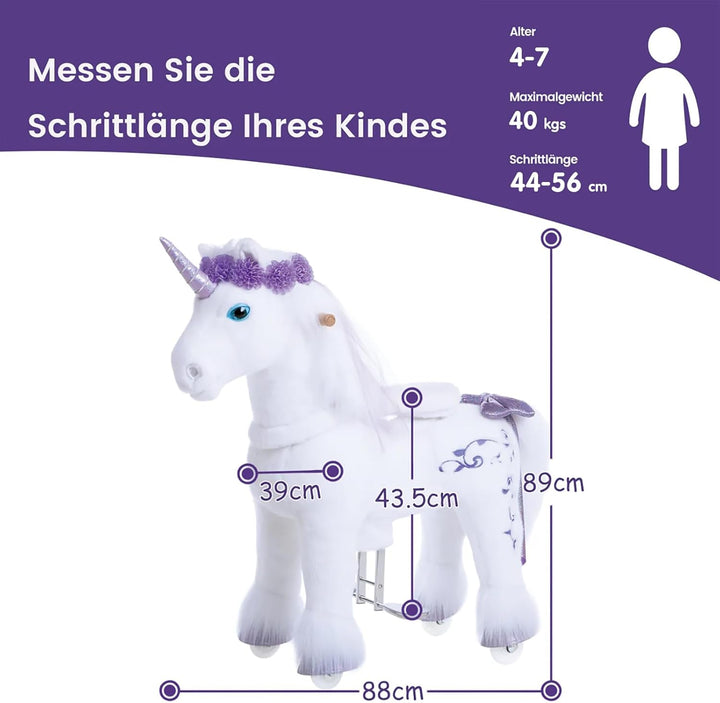PonyCycle Einhorn Reitspielzeug, für Kinder 4–7 Jahre, 89cm Hoch, Einhorn auf Rollen mit Handbremse,