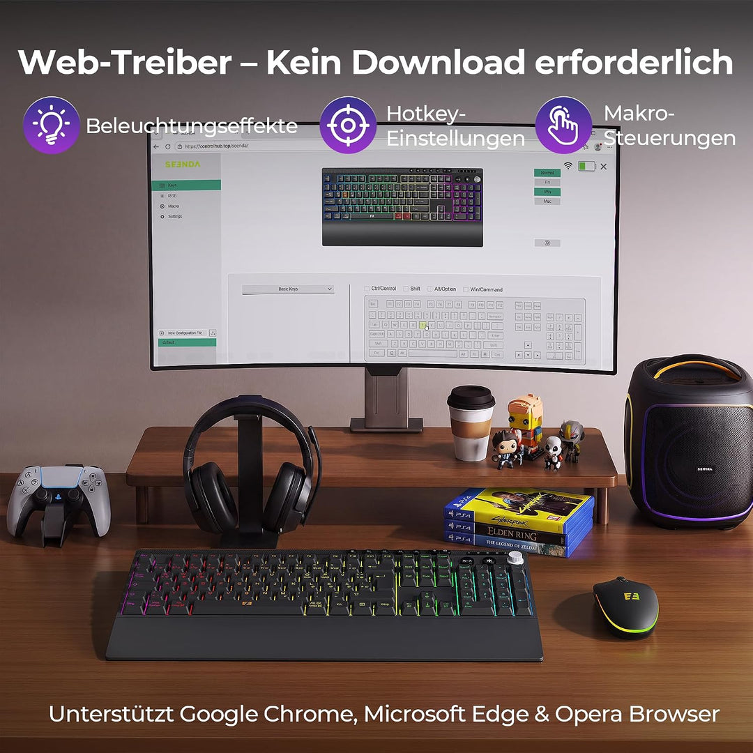 Beleuchtete Bluetooth Kabellose Tastatur mit Maus Set, QWERTZ, Schwarz | 3 Geräte Verbindung, webbas
