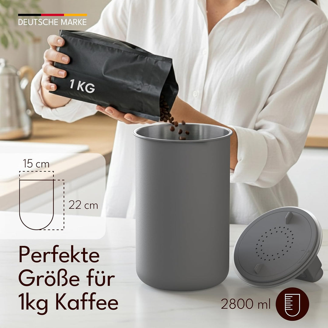 Kaffeedose luftdicht für 1 kg Kaffeebohnen mit Vakuumdeckel (Behälter für Kaffee, Tee, Edelstahl Dos