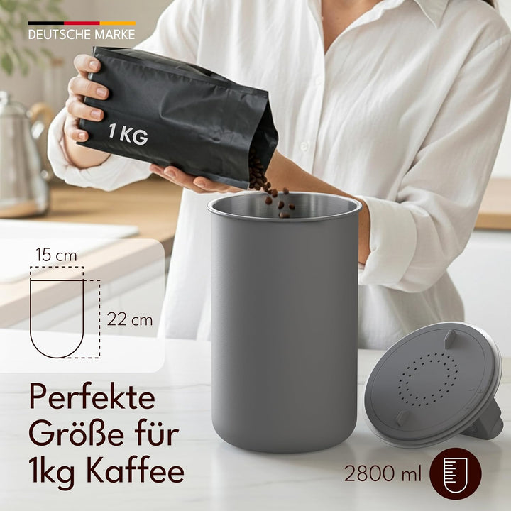 Kaffeedose luftdicht für 1 kg Kaffeebohnen mit Vakuumdeckel (Behälter für Kaffee, Tee, Edelstahl Dos
