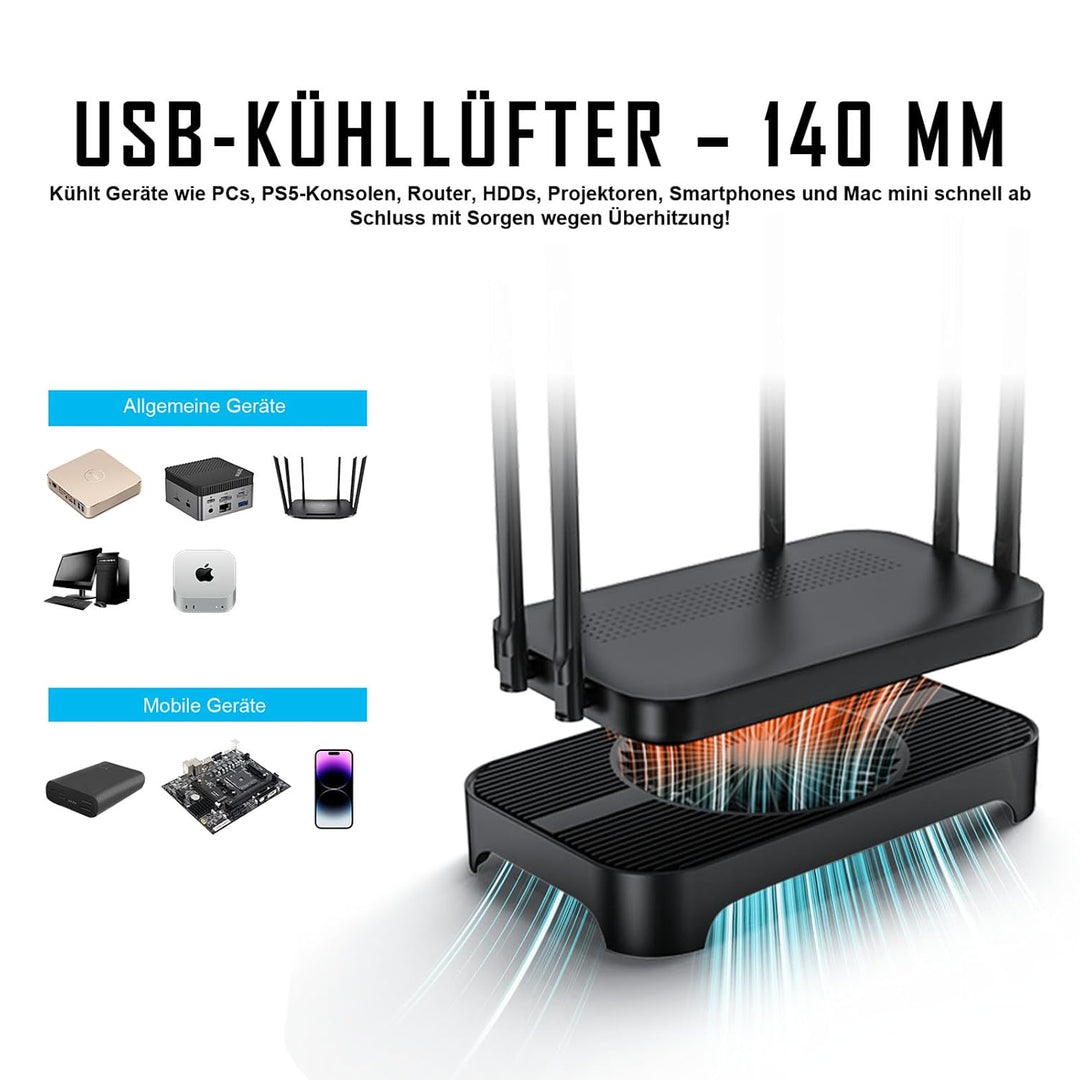 X3-V2 Router-Kühler, 140 mm USB-Lüfter mit 3 Stufen, Schwarz