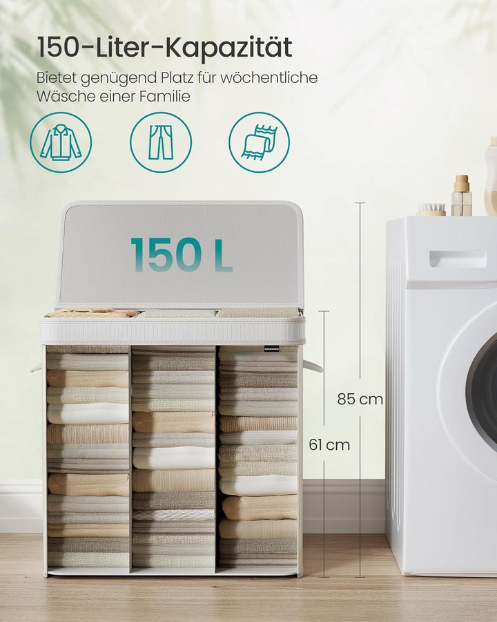 SONGMICS Wäschekorb mit Deckel, Wäschesammler Bambus, Wäschesack herausnehmbar und maschinenwaschbar