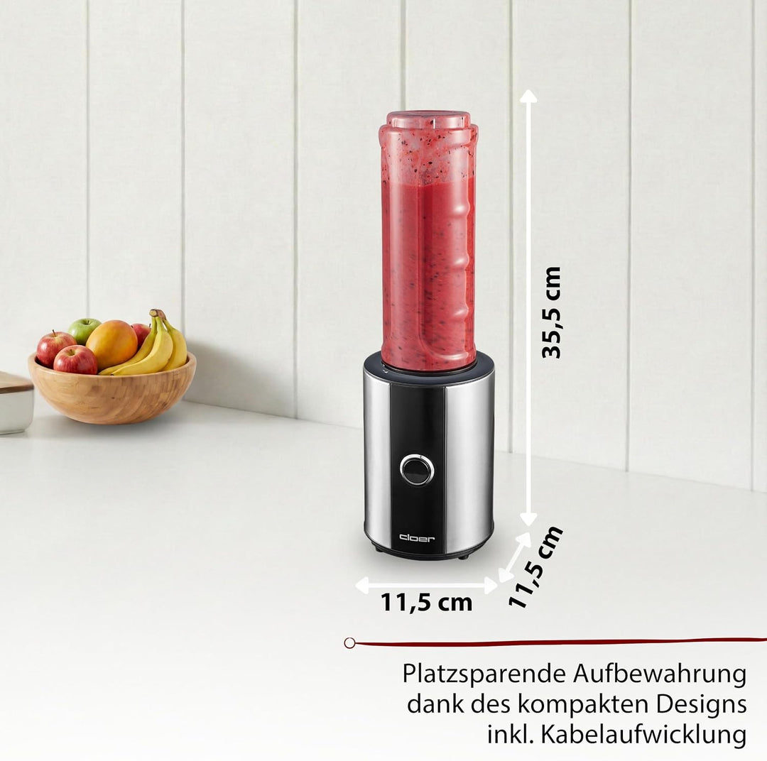 Cloer 6969 Smoothie Maker, Mini Standmixer to go, Milchshakes, Behälter 600 ml, Trinkflasche aus Tri