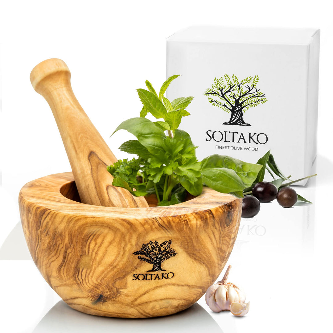 SOLTAKO Olivenholz Mörser &amp; Stössel Set - Mörser - Holzmörser - nachhaltiger Kräuter-, Gewürz-Mörser
