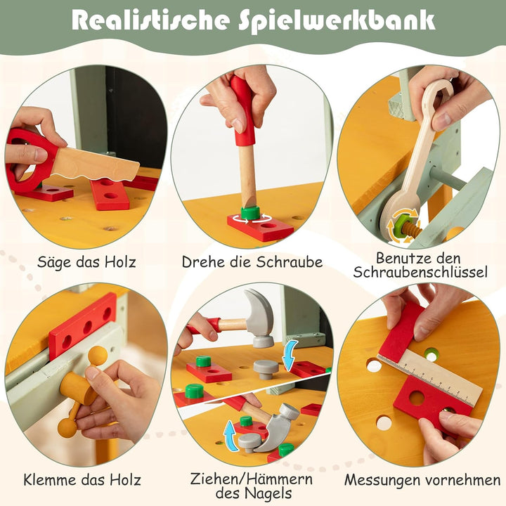 COSTWAY Werkzeugbank Kinder, Spielwerkbank aus Holz mit Tafel &amp; 2 Aufbewahrungsboxen, Werkstatt Werk