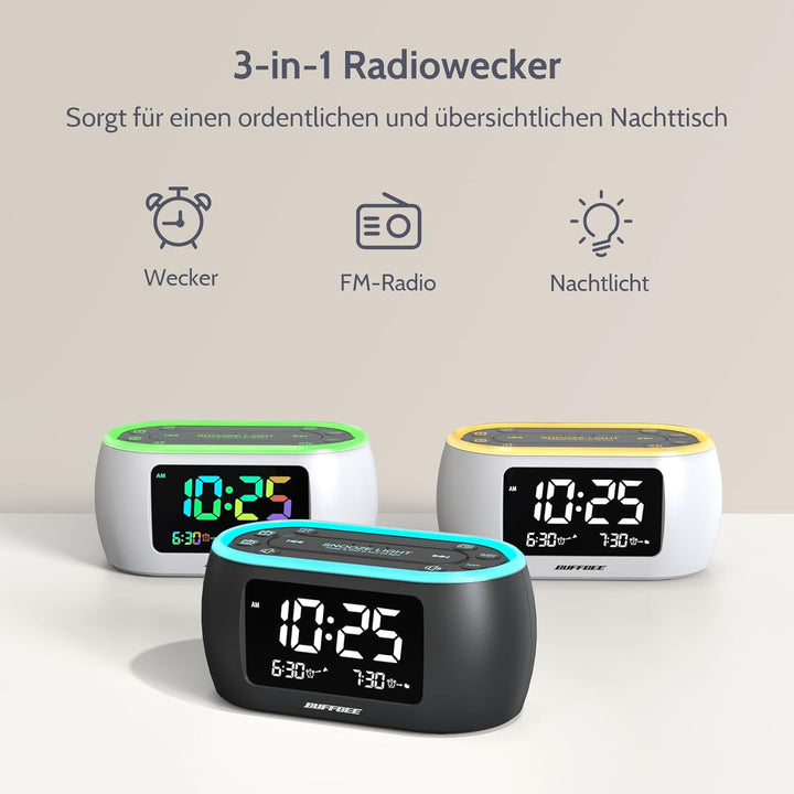 BUFFBEE Nachttisch-Wecker-Radio mit 7-Farben, Dual-Alarm, Snooze, Dimmer, USB-Ladegerät, Nap Timer,