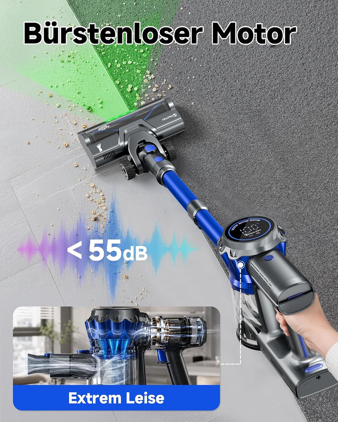 Akku Staubsauger mit Display, Staubsauger Kabellos mit Anti-Tangle-Bürste | Selbststehend, Ultraleis