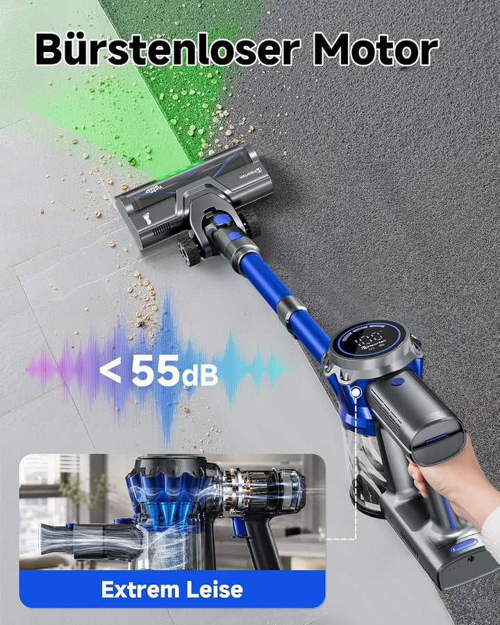 Akku Staubsauger mit Display, Staubsauger Kabellos mit Anti-Tangle-Bürste | Selbststehend, Ultraleis