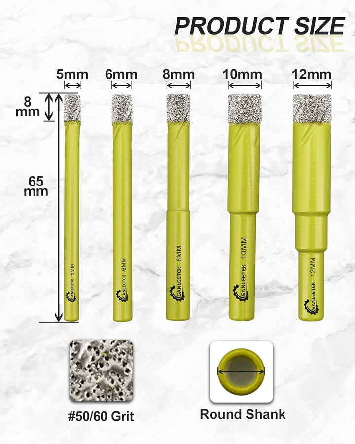 Trocken Diamant Bohrkrone 5 Stücke 5/6/8/10/12mm Fliesenbohrer mit Rundschaft für Marmor Granit Kera