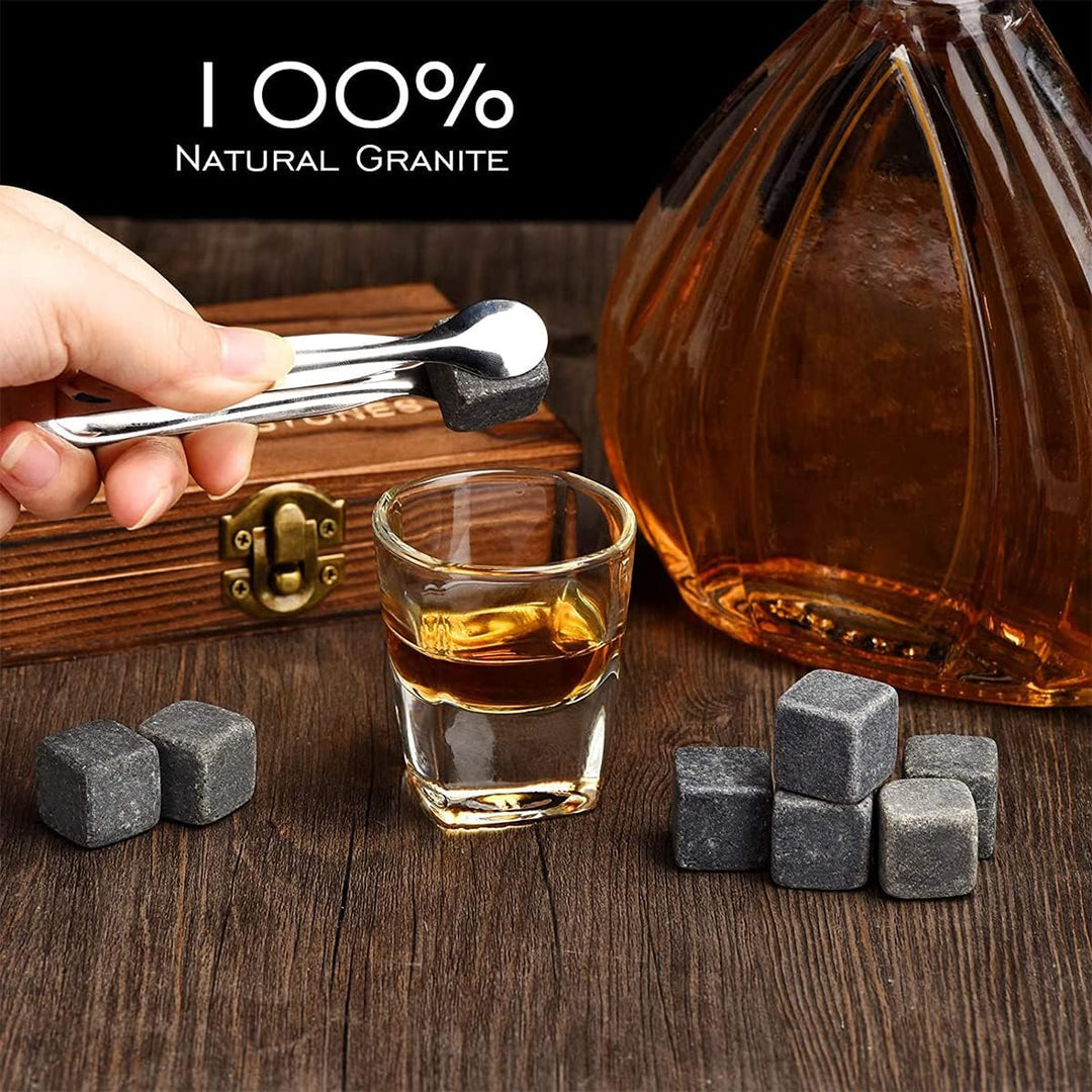 4-TLG Whisky Steine Set personalisiert - 9x Eiswürfel, 1x Holzkiste, 1x Zange und 1x Stoffbeutel - w