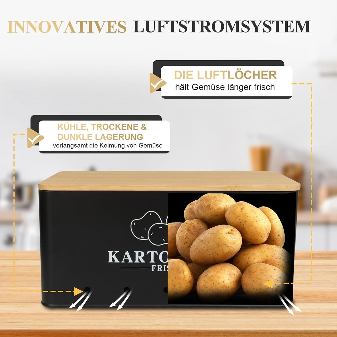 Kartoffel Aufbewahrungsbox 3er Set mit Bambusdeckel, Aufbewahrung für Kartoffeln Zwiebeln Knoblauch,