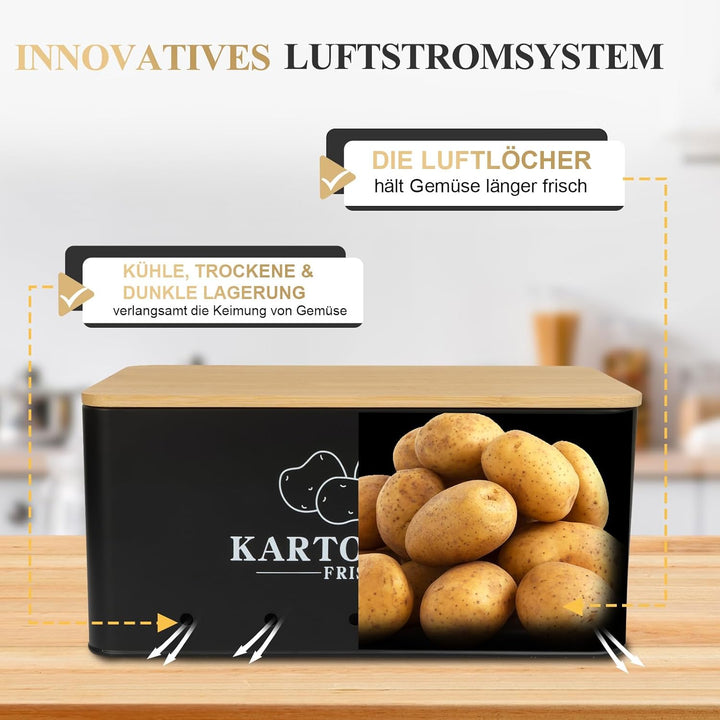 Kartoffel Aufbewahrungsbox 3er Set mit Bambusdeckel, Aufbewahrung für Kartoffeln Zwiebeln Knoblauch,