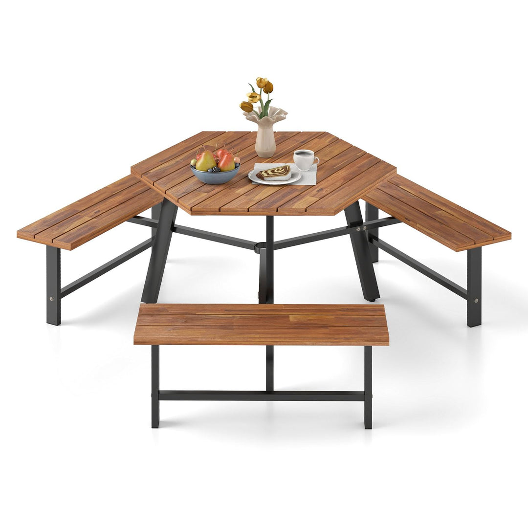 COSTWAY Picknicktisch Set für 6 Personen, Gartentisch aus Akazienholz mit Schirmloch & 3 Bänken, Ter