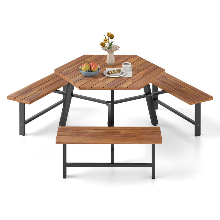 COSTWAY Picknicktisch Set für 6 Personen, Gartentisch aus Akazienholz mit Schirmloch & 3 Bänken, Ter