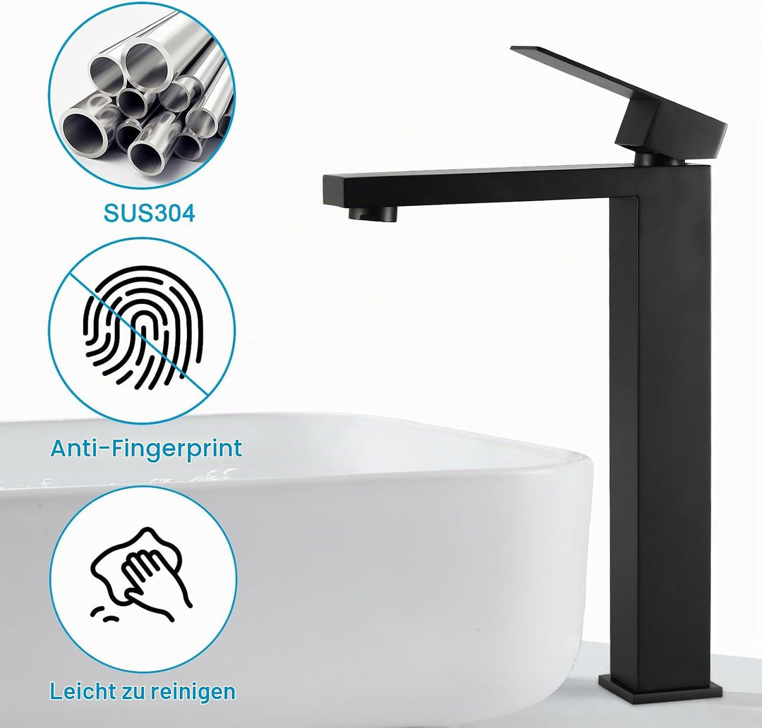 BONADE Waschtischarmatur Schwarz Hoch, Wasserhahn Bad Schwarz, 24cm hohem Auslauf waschbeckenarmatur