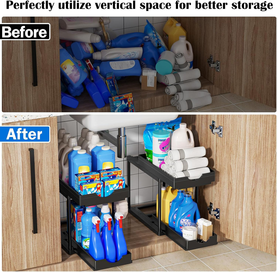 ARSTPEOE Küchen Organizer - Unter Waschbecken Regal - 2 Etagen Schrank Organizer mit 8 Haken, Schubl