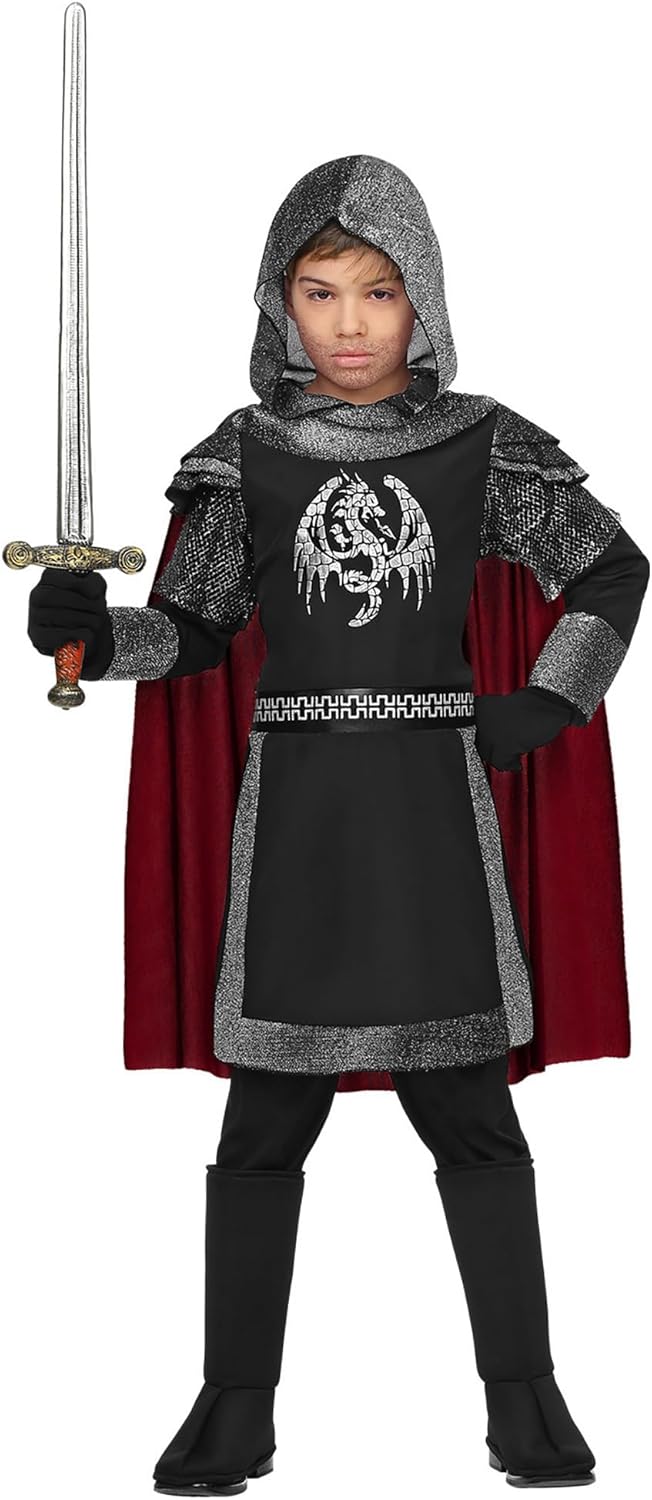 Widmann - Kinderkostüm dunkler Ritter, Oberteil mit Kapuze und Umhang, Karneval, Mottoparty, 128