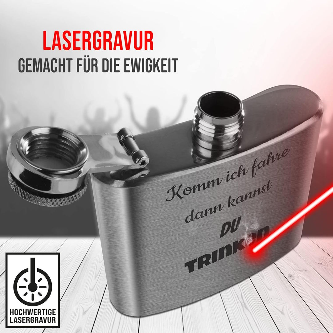 Flachmann mit Gravur aus Edelstahl selbst gestalten - mit Wunschtext gravieren - Geschenkidee für Fr