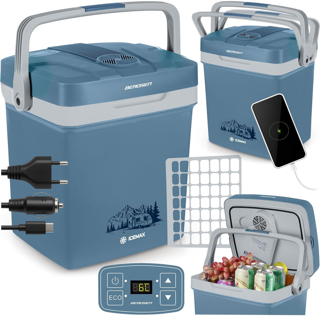 Berdsen Kühlbox Thermobox Auto Camping 12V/230V Mit Heizfunktion USB 41 x 30 x 48,5 cm 29 L 26 L bla
