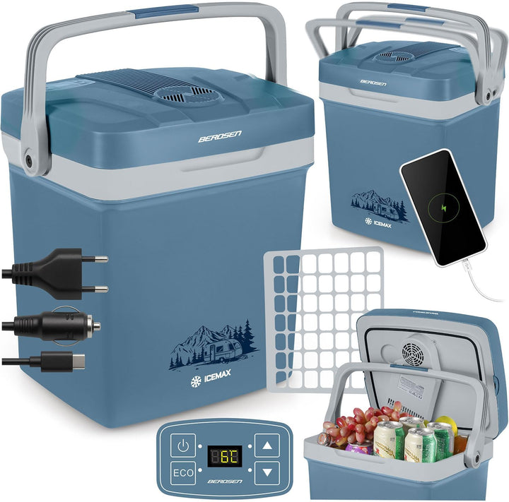 Berdsen Kühlbox Thermobox Auto Camping 12V/230V Mit Heizfunktion USB 41 x 30 x 48,5 cm 29 L 26 L bla