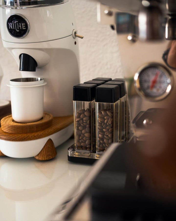 Normcore 6 Tuben Kaffeebohnen Behälter mit Ständer und Trichter - Einzeldosis-Kaffeebohnengewölbe -