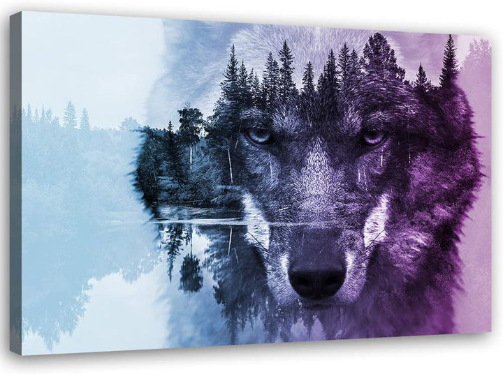 Feeby Bild auf Leinwand Wolf Wald im Nebel 90x60 cm 1 Teilig Bilder Wandbilder XXL Modern Leinwandbi