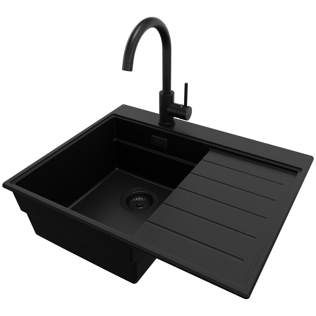PRIMAGRAN Granitspüle Alles Schwarz 62x50cm, Spülbecken 1 Becken + Küchenarmatur 32x20cm + Ablauf-Se