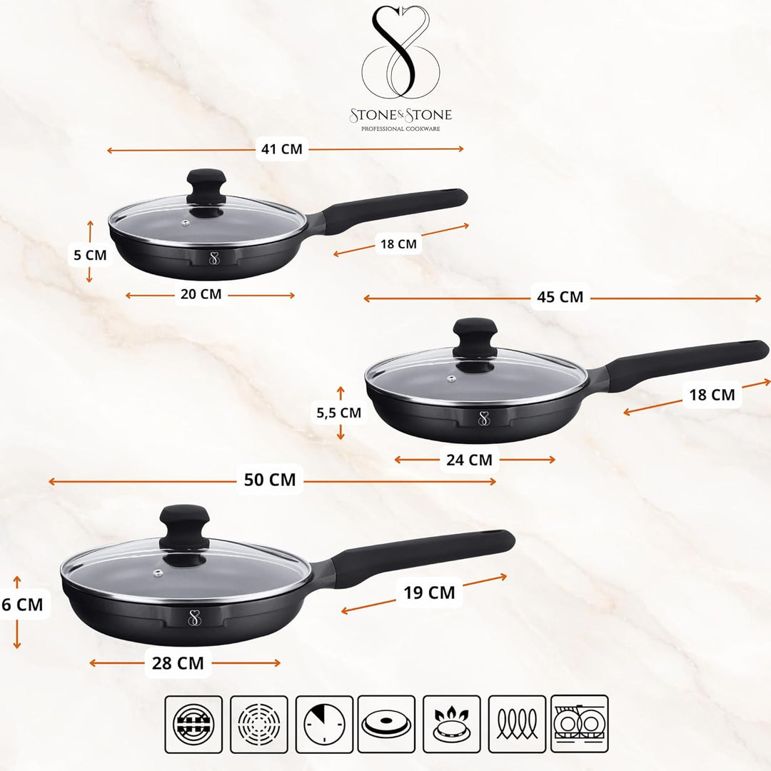 Stone&Stone Pfannenset 3-teilig 20 cm 24 cm 28 cm | Bratpfannen Induktionspfannen | Deutsche GREBLON