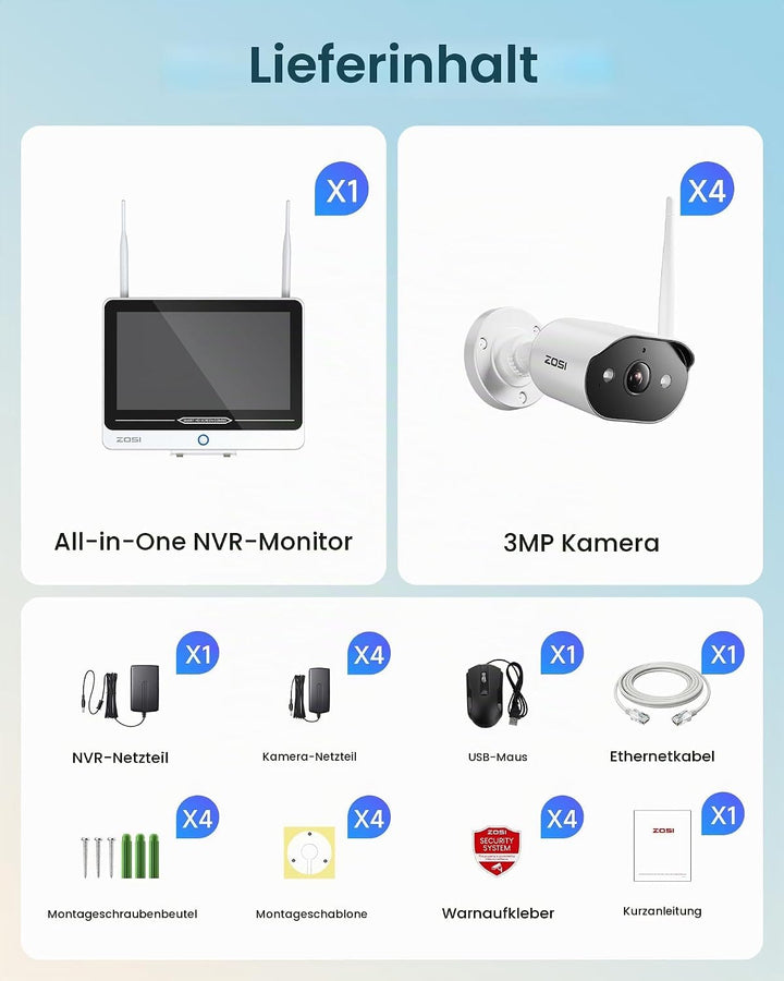 ZOSI 2K Wi-Fi 6 Überwachungskamera Set Aussen mit 12" Monitor-NVR, 500GB | 4x 3MP WLAN-Kameras mit 2