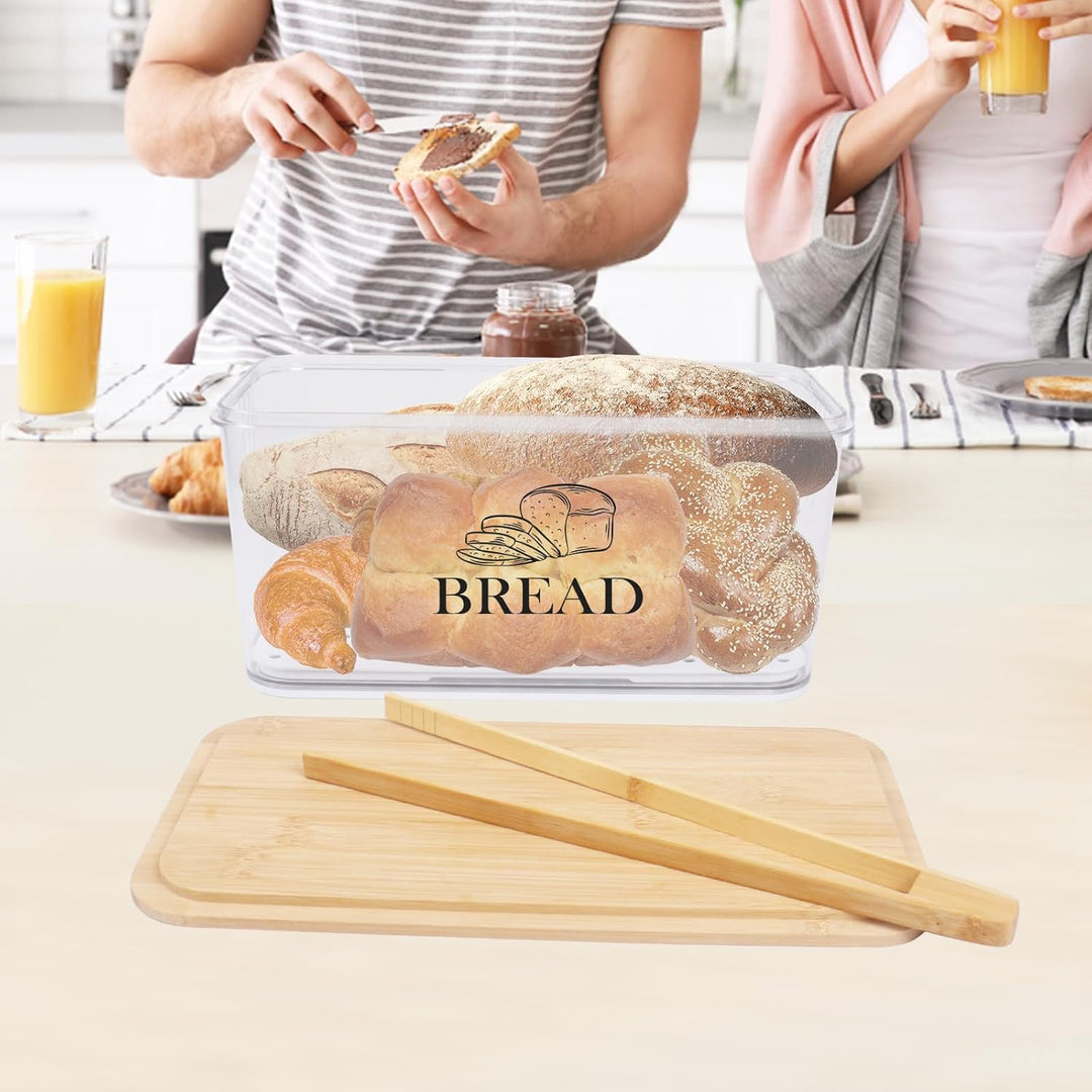 Brotbox Acryl 32 cm, Brotkasten mit Bambusdeckel für Küche Brot | Transparente Brotaufbewahrungsbox