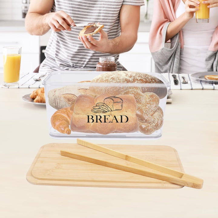 Brotbox Acryl 32 cm, Brotkasten mit Bambusdeckel für Küche Brot | Transparente Brotaufbewahrungsbox