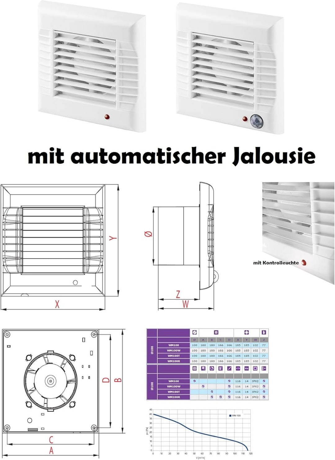 MKK Badlüfter mit automatische Jalousie Lüfter Wandlüfter Ventilator WC Bad Küche Ø 100 mm WM