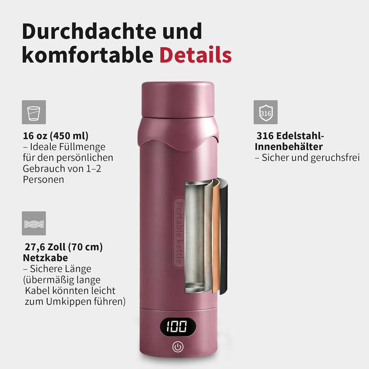 Elektrischer Reisewasserkocher mit 4 Temperaturstufen, 450ml Mini Wasserkocher aus 304 Edelstahl & V