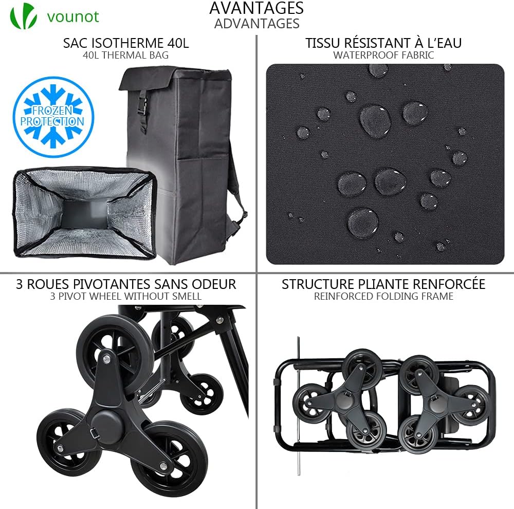 VOUNOT Einkaufstrolley Treppensteiger mit Kühlfach, Einkaufswagen Klappbar mit 3 Räder, 40 L, 40 L