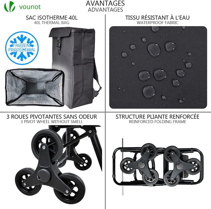 VOUNOT Einkaufstrolley Treppensteiger mit Kühlfach, Einkaufswagen Klappbar mit 3 Räder, 40 L, 40 L