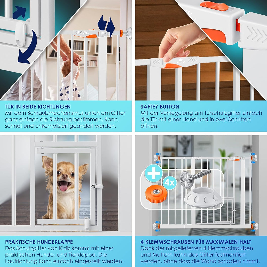 KIDIZ® Türschutzgitter Absperrgitter Treppengitter Kindergitter | mit Türe für Hunde und Katzen, Hau