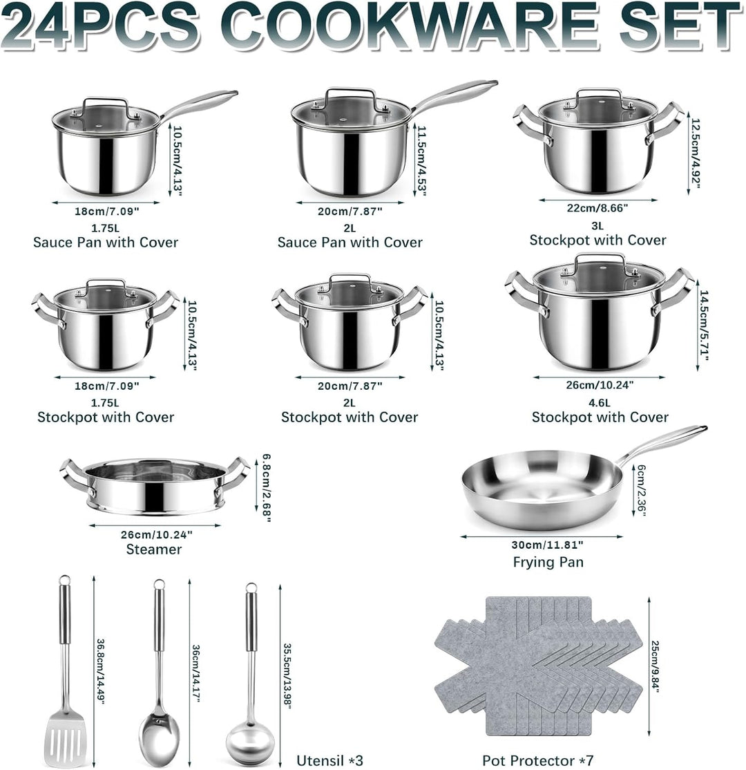 Edelstahl Topfset - 24-teilig Kochgeschirr-Set mit Glasdeckeln - 30 cm Bratpfannen & Kochtopf(18/20/