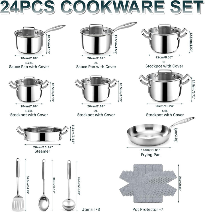 Edelstahl Topfset - 24-teilig Kochgeschirr-Set mit Glasdeckeln - 30 cm Bratpfannen & Kochtopf(18/20/