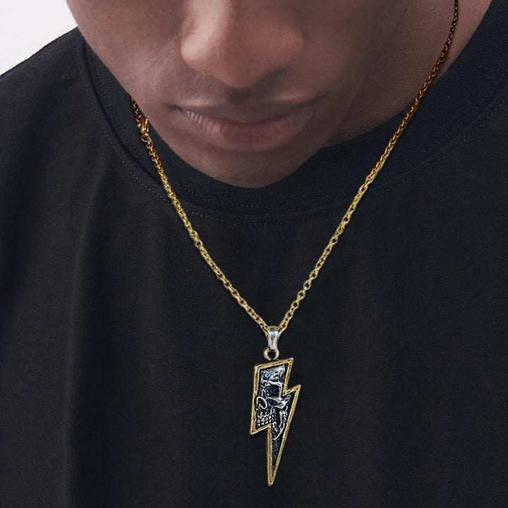 GTHIC Herren Edelstahl Retro Totenkopf Anhänger Halsketten Silber Gold Lightning Bolt Biker Schmuck
