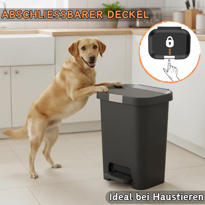 Mülleimer 40 L mit Deckel und Pedal - Treteimer, Abfalleimer mit Soft-Close, verschliessbarem Deckel