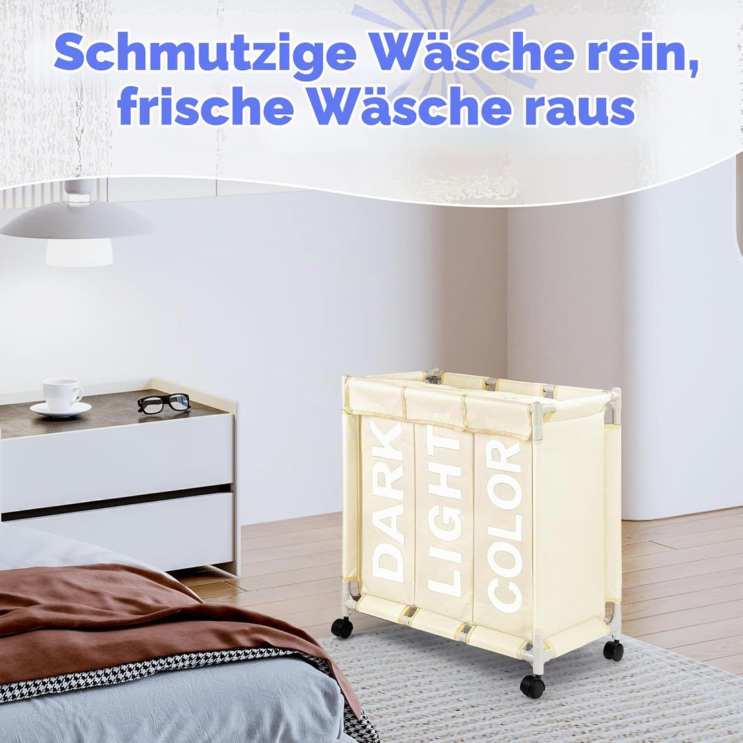 Rieeyrslza Wäschesortierer auf Rollen 90L Wäschekörbe 3 Fächer Wäschekorb aus Oxford-Stoff Mit Decke