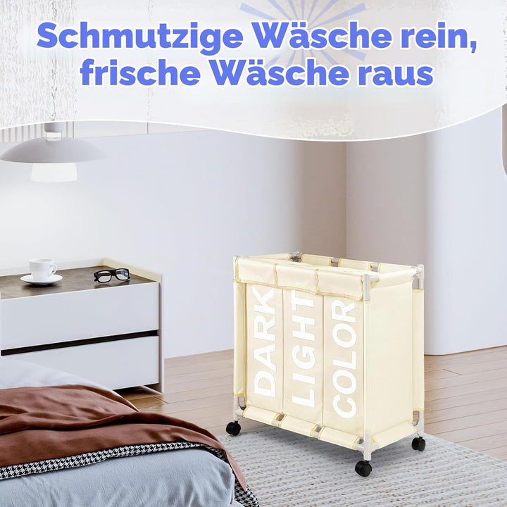 Rieeyrslza Wäschesortierer auf Rollen 90L Wäschekörbe 3 Fächer Wäschekorb aus Oxford-Stoff Mit Decke
