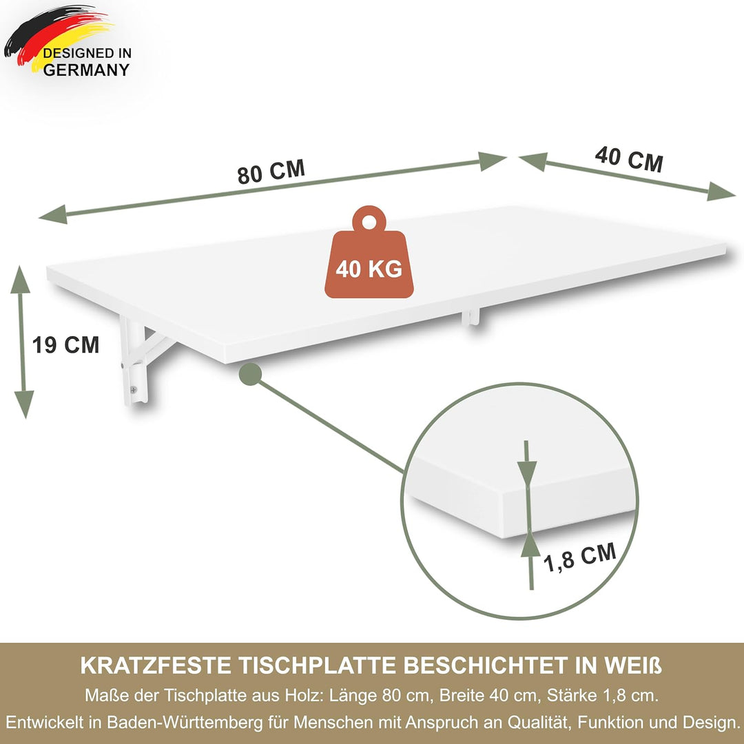 KDR Produktgestaltung Wandklapptisch Schreibtisch Tischplatte 80x40 cm in Weiss Klapptisch Esstisch